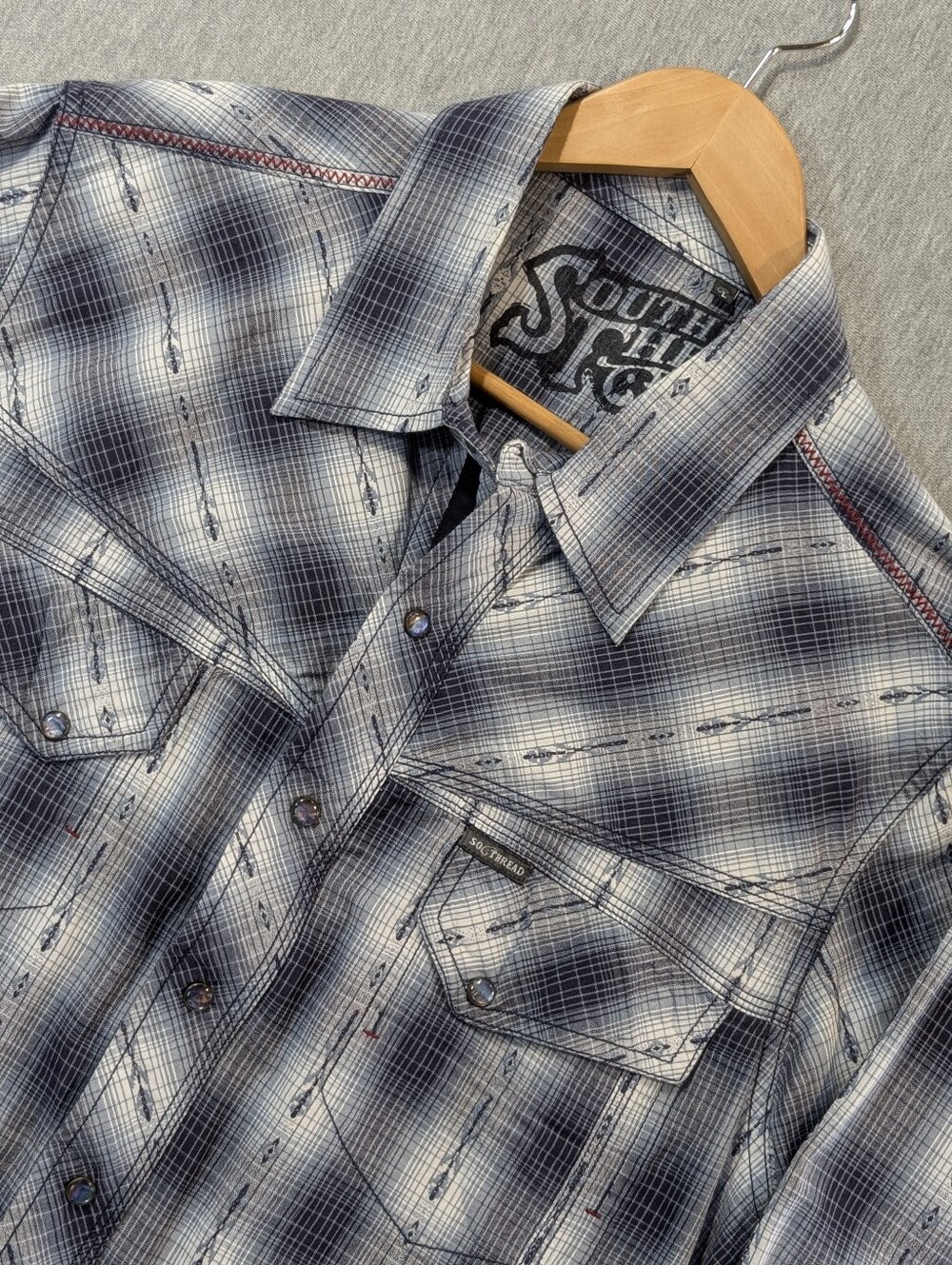 Southern Thread Western Rodeo Shirt Men's Large Blue Grey Pearl Snap